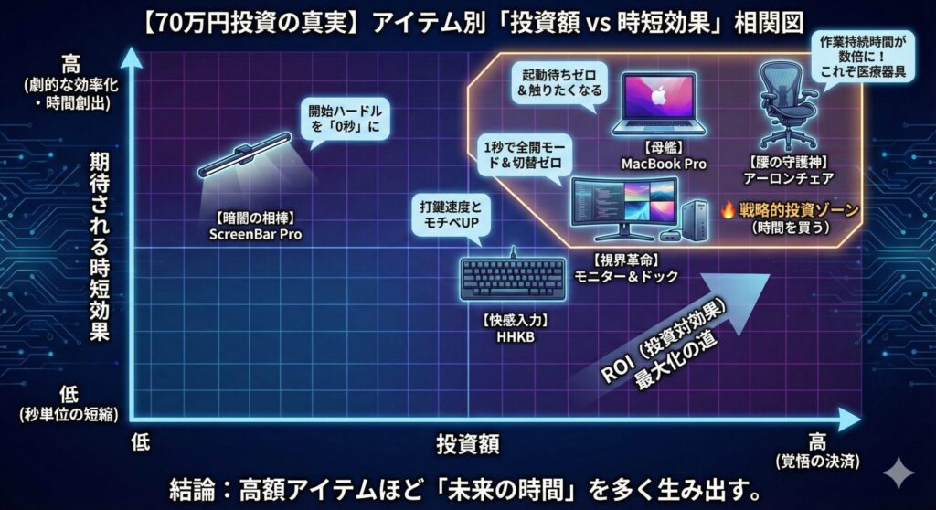 タイトル: 【70万円投資の真実】アイテム別「投資額 vs 時短効果」相関図

内容: このインフォグラフィックは、ブログ記事で紹介されている5つのデスク環境アイテムについて、「投資額」と「期待される時短効果」の関係を2軸の散布図で示したものです。 横軸は「投資額」で、左が「低」、右が「高（覚悟の決済）」です。縦軸は「期待される時短効果」で、下が「低（秒単位の短縮）」、上が「高（劇的な効率化・時間創出）」です。

図の中には以下の5つのアイテムが配置されています。

ScreenBar Pro: 左上に位置し、投資額は低いが時短効果は高い。「開始ハードルを『0秒』に」というテキストが添えられています。

HHKB: 中央やや右下に位置し、投資額は中程度、時短効果も中程度。「打鍵速度とモチベUP」とあります。

モニター＆ドック: 右上に位置し、投資額は高く、時短効果も高い。「1秒で全開モード＆切替ゼロ」とあります。

MacBook Pro: 右上のさらに高い位置にあり、投資額・時短効果ともに非常に高い。「起動待ちゼロ＆触りたくなる」とあります。

アーロンチェア: 最も右上の最高位置にあり、最大の投資額と時短効果を示している。「作業持続時間が数倍に！これぞ医療器具」とあります。

右上の高投資・高効果のエリアは「🔥 戦略的投資ゾーン（時間を買う）」としてハイライトされ、左下から右上に向かって「ROI（投資対効果）最大化の道」という矢印が伸びています。 図の下部には結論として「結論：高額アイテムほど『未来の時間』を多く生み出す。」と記述されています。