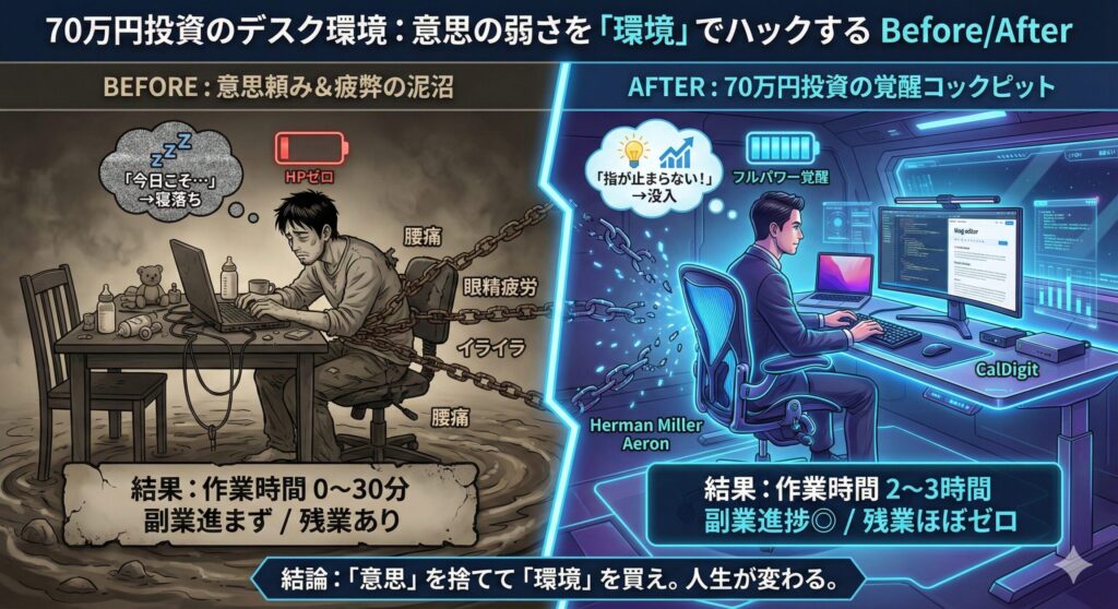 タイトル: 70万円投資のデスク環境ビフォーアフター図解：意思の弱さを「環境」でハックする

内容: 「意思の弱さを『環境』でハックする」をテーマにした対比型インフォグラフィック。 画像の左半分は「BEFORE：意思頼み＆疲弊の泥沼」と題され、暗い部屋の散らかったダイニングテーブル（哺乳瓶やおもちゃが散乱）で、疲れ果ててうなだれる男性が描かれている。男性の体には「腰痛」「眼精疲労」「イライラ」と書かれた鎖が巻き付き、足元は泥沼になっている。頭上には「今日こそ…→寝落ち」の吹き出しと、残量ゼロの赤い電池アイコンがある。下部の結果欄には「作業時間 0〜30分」「副業進まず / 残業あり」と記されている。

画像の右半分は「AFTER：70万円投資の覚醒コックピット」と題され、近未来的な青いライティングの整ったデスク環境で、背筋を伸ばして集中する男性が描かれている。男性はハーマンミラーのアーロンチェアに座り、鎖は砕け散っている。デスク上にはMacBook、デュアルモニター、CalDigitドックなどが配置されている。頭上には「指が止まらない！→没入」の吹き出しと、満タンの青い電池アイコンがある。下部の結果欄には「作業時間 2〜3時間」「副業進捗◎ / 残業ほぼゼロ」と強調されている。

最下部の結論メッセージは「『意思』を捨てて『環境』を買え。人生が変わる。」