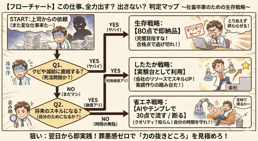 3. 【フローチャート】「この仕事、全力出す？出さない？判定マップ」
日々の業務で迷った時に使える、判断基準の可視化です。

Start: 上司からの依頼
→ 「クビや減給に直結する？」 → YES → 「80点で即納品」
→ NO → 「将来のスキルになる？」 → YES → 「実験台として利用」
→ NO → 「AIやテンプレで30点で流す / 断る」
狙い: 具体的な行動指針を与え、翌日から即実践できるようにする。