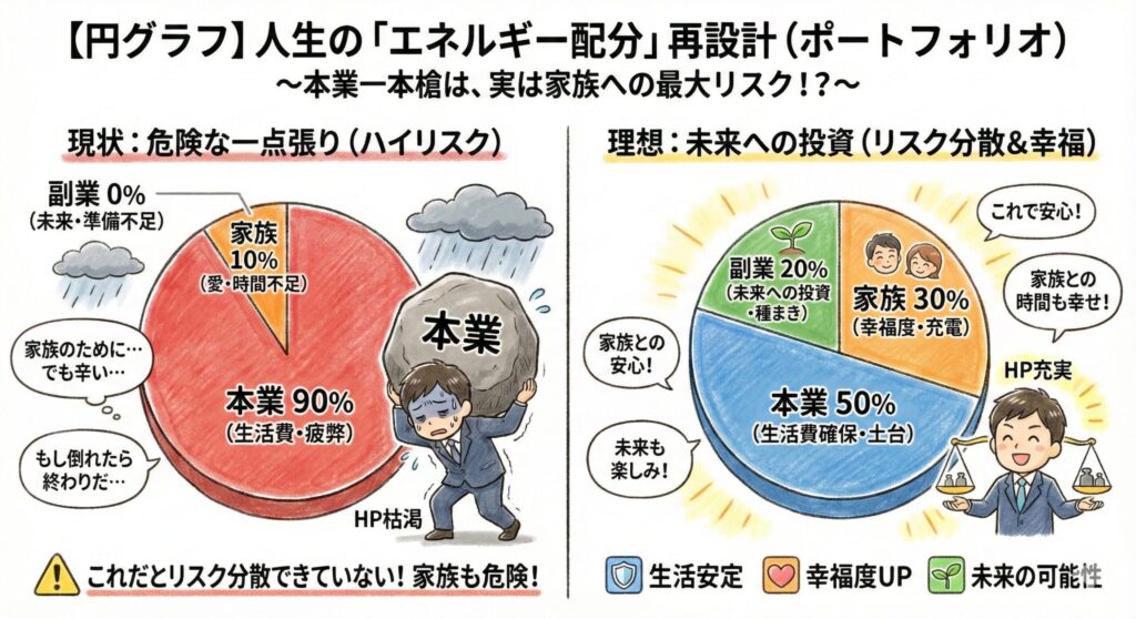 2. 【円グラフ】「エネルギー配分の再設計（ポートフォリオ）」
「時間」と「精神力（HP）」の使い道を投資ポートフォリオに見立てます。

現状: 本業 90%、家族 10%、副業 0%（→これだとリスク分散できていない！）
理想: 本業 50%（生活費確保）、家族 30%（幸福度）、副業 20%（未来への投資）
狙い: 本業に全力投球することが、実は「家族にとってのリスク（一点張り）」であると気づかせる。