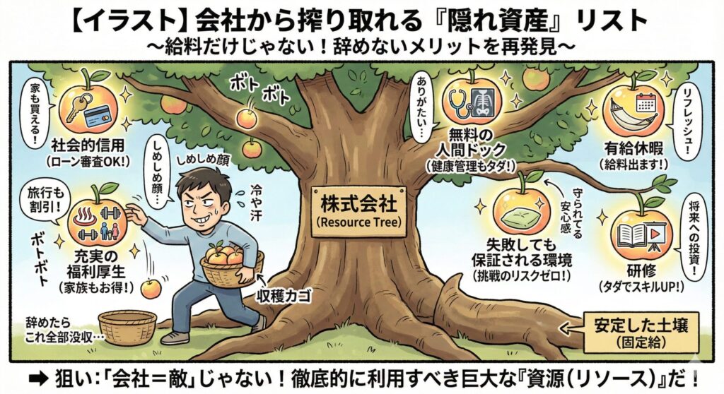4. 【イラスト】「会社から搾り取れる『隠れ資産』リスト」
給料以外にもらっているメリットを可視化し、「辞めないメリット」を強調します。

イラスト: パパが会社という大きな木から果実（資産）を収穫している絵。
果実の中身: 「社会的信用（ローン）」「福利厚生」「人間ドック」「有給休暇」「失敗しても保証される環境」「研修（タダで勉強）」
狙い: 「会社＝敵」ではなく「利用すべき資源（Resource）」という認識に変える。