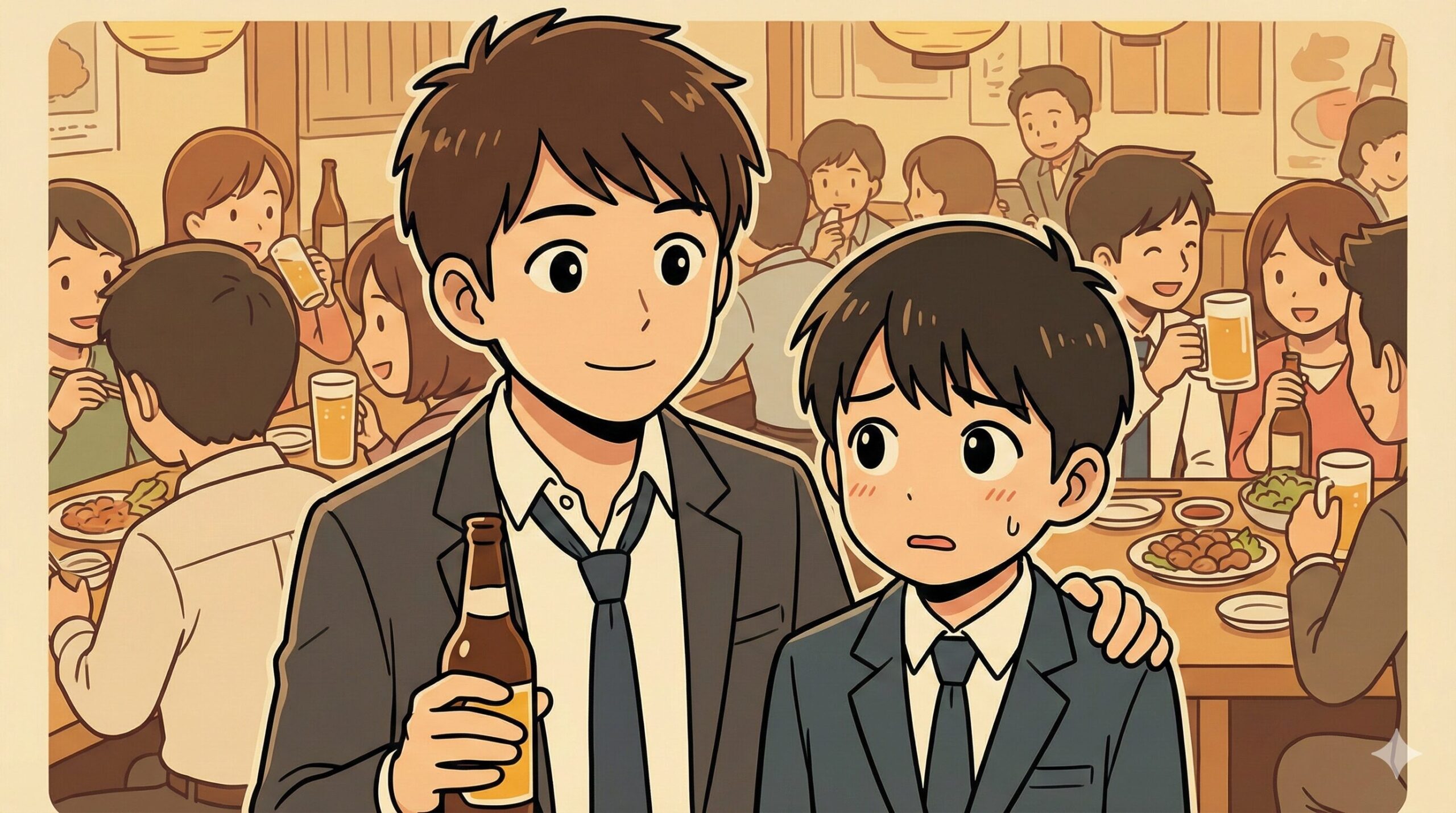 にぎやかな居酒屋で、スーツ姿の先輩男性が緊張している新入社員の肩に手を置き、優しく微笑みながらビール瓶を持っている様子のアニメ風イラスト。