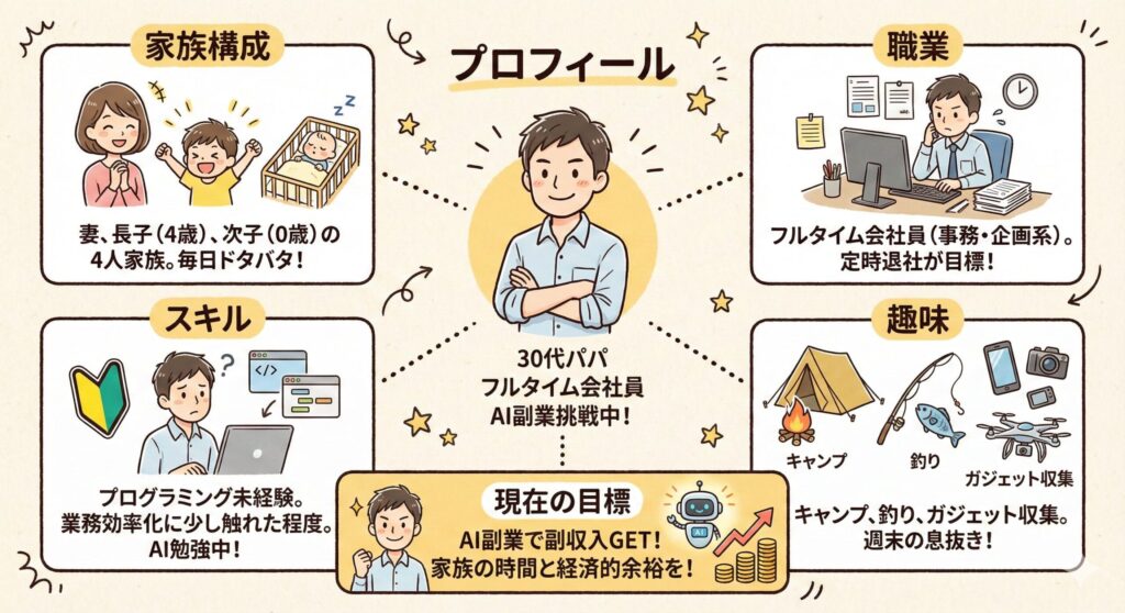 👤 基本ステータス

年齢: 30代

家族構成: 妻、長子（4歳）、次子（0歳）の4人家族

職業: フルタイム勤務の会社員（事務・企画系）

スキル: プログラミング未経験。業務効率化に少し触れた程度。

現在の目標: AI副業で月5〜50万円の収益化

趣味: キャンプ、釣り、ガジェット収集