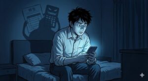 深夜、スマホを見ながら税金の不安に怯える30代男性のイラスト