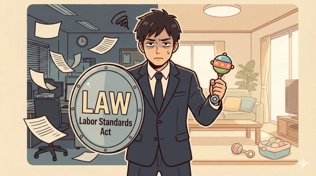 労基法の盾を持って会社と対峙し、片手には子供のおもちゃを持っている30代パパのイラスト。背景は暗いオフィスと明るい家庭の対比。