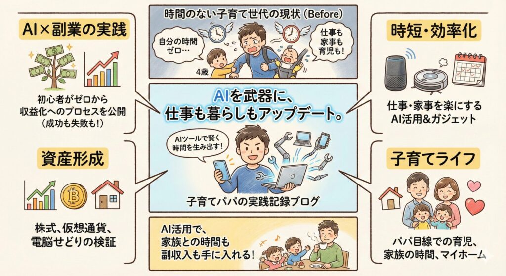 📘 このブログについて

「AIを武器に、仕事も暮らしもアップデート。」

このブログは、時間のない子育て世代が「AIツールを活用して、賢く時間を生み、副収入を得る」ための実践記録です。

4歳と0歳の子育て中で、自分の時間はほとんどありません。
だからこそ、ChatGPTや最新AIツールを駆使して「いかに時間をかけずに成果を出すか」にこだわっています。

発信している主なテーマ

AI×副業の実践
初心者がゼロから収益化するまでのプロセス（成功も失敗も公開）

時短・効率化
仕事や家事を楽にするAI活用術やガジェット

資産形成
株式投資、仮想通貨、電脳せどりなどの検証

子育てライフ
パパ目線での育児、マイホーム、家族の時間