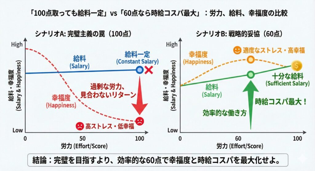 労基法の盾を持って会社と対峙し、片手には子供のおもちゃを持っている30代パパのイラスト。背景は暗いオフィスと明るい家庭の対比。