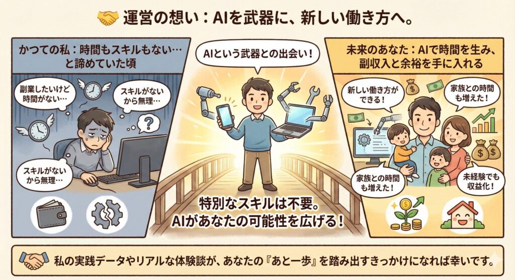 🤝 運営の想い

かつての私と同じように、「副業を始めたいけど時間がない」「スキルがないから無理」と諦めている同世代の方へ。

特別なスキルがない私でも、AIという武器を使えば新しい働き方ができることを証明したいと考えています。
私の実践データやリアルな体験談が、あなたの「あと一歩」を踏み出すきっかけになれば幸いです。